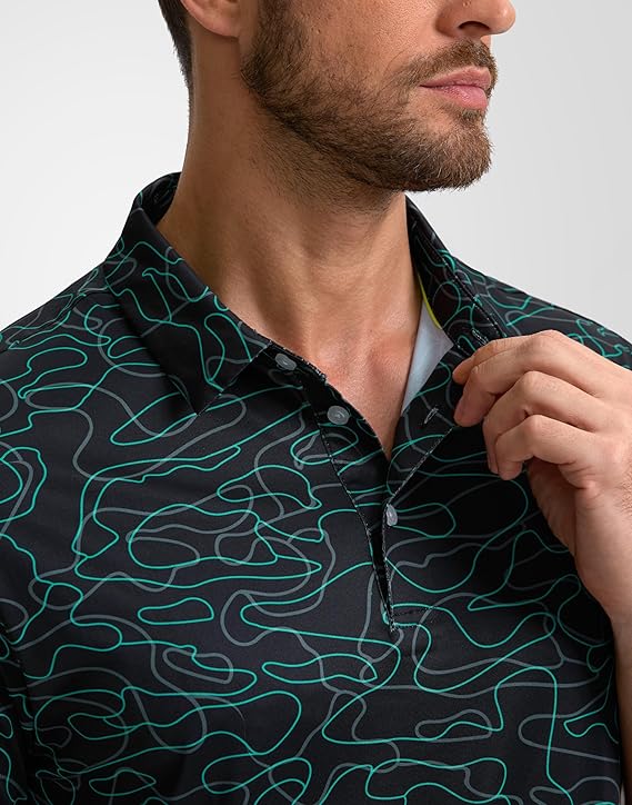 Men's Golf Polo - Short Sleeve, Performance Moisture Wicking - Green Lines