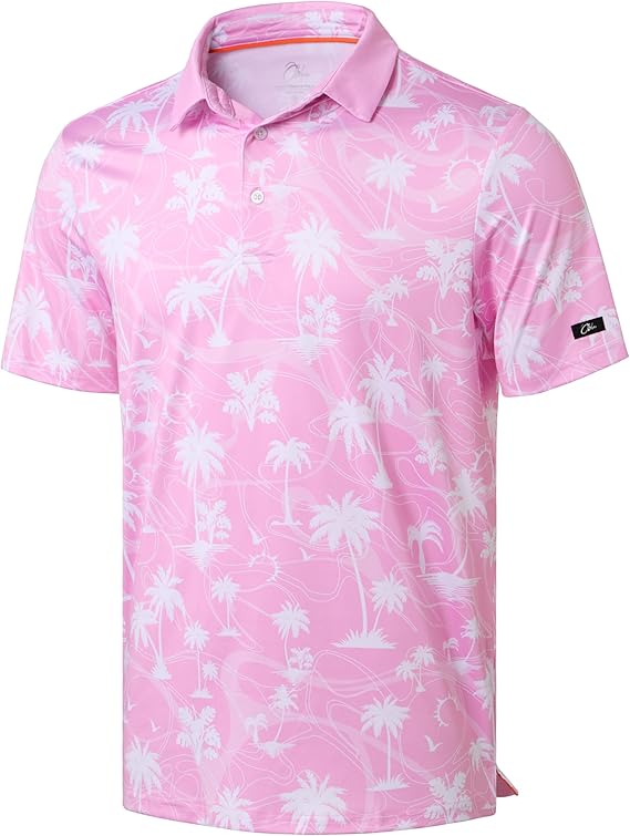 Men's Golf Polo - Short Sleeve, Performance Moisture Wicking - Pink Palms