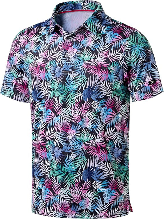 Men's Golf Polo - Short Sleeve, Performance Moisture Wicking - Colorful Palms