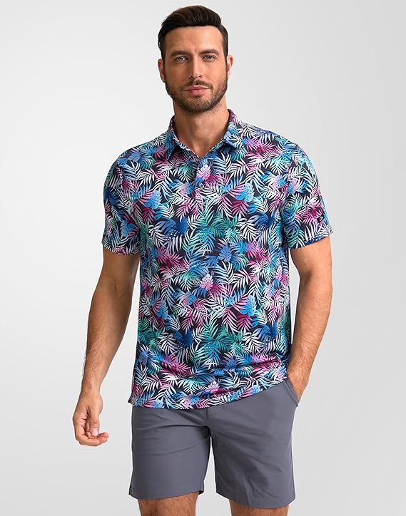 Men's Golf Polo - Short Sleeve, Performance Moisture Wicking - Colorful Palms