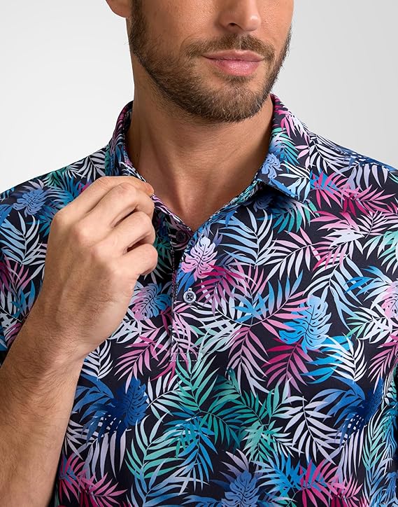 Men's Golf Polo - Short Sleeve, Performance Moisture Wicking - Colorful Palms