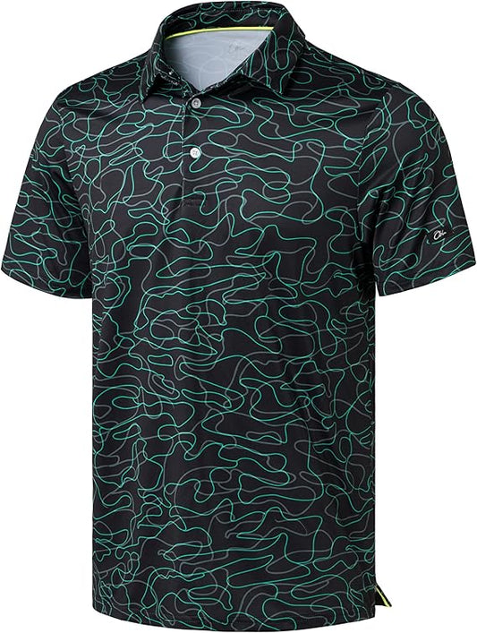 Men's Golf Polo - Short Sleeve, Performance Moisture Wicking - Green Lines