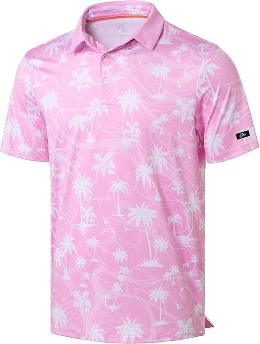 Men's Golf Polo - Short Sleeve, Performance Moisture Wicking - Pink Palms