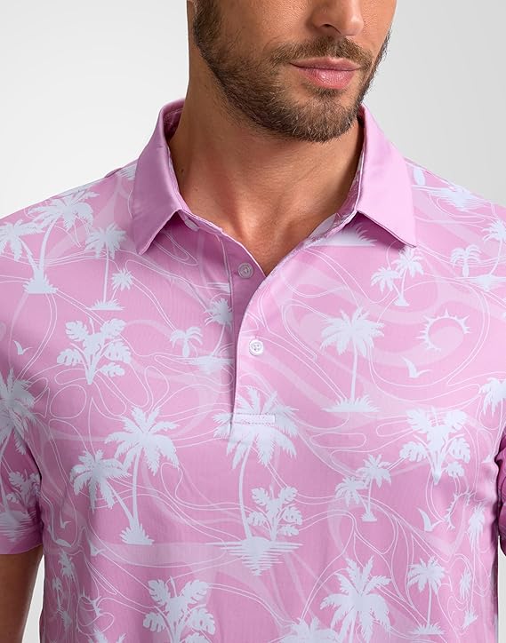 Men's Golf Polo - Short Sleeve, Performance Moisture Wicking - Pink Palms