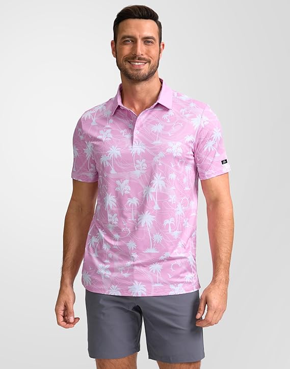 Men's Golf Polo - Short Sleeve, Performance Moisture Wicking - Pink Palms