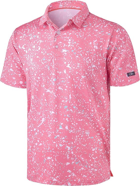Men's Golf Polo - Short Sleeve, Performance Moisture Wicking - White on Pink