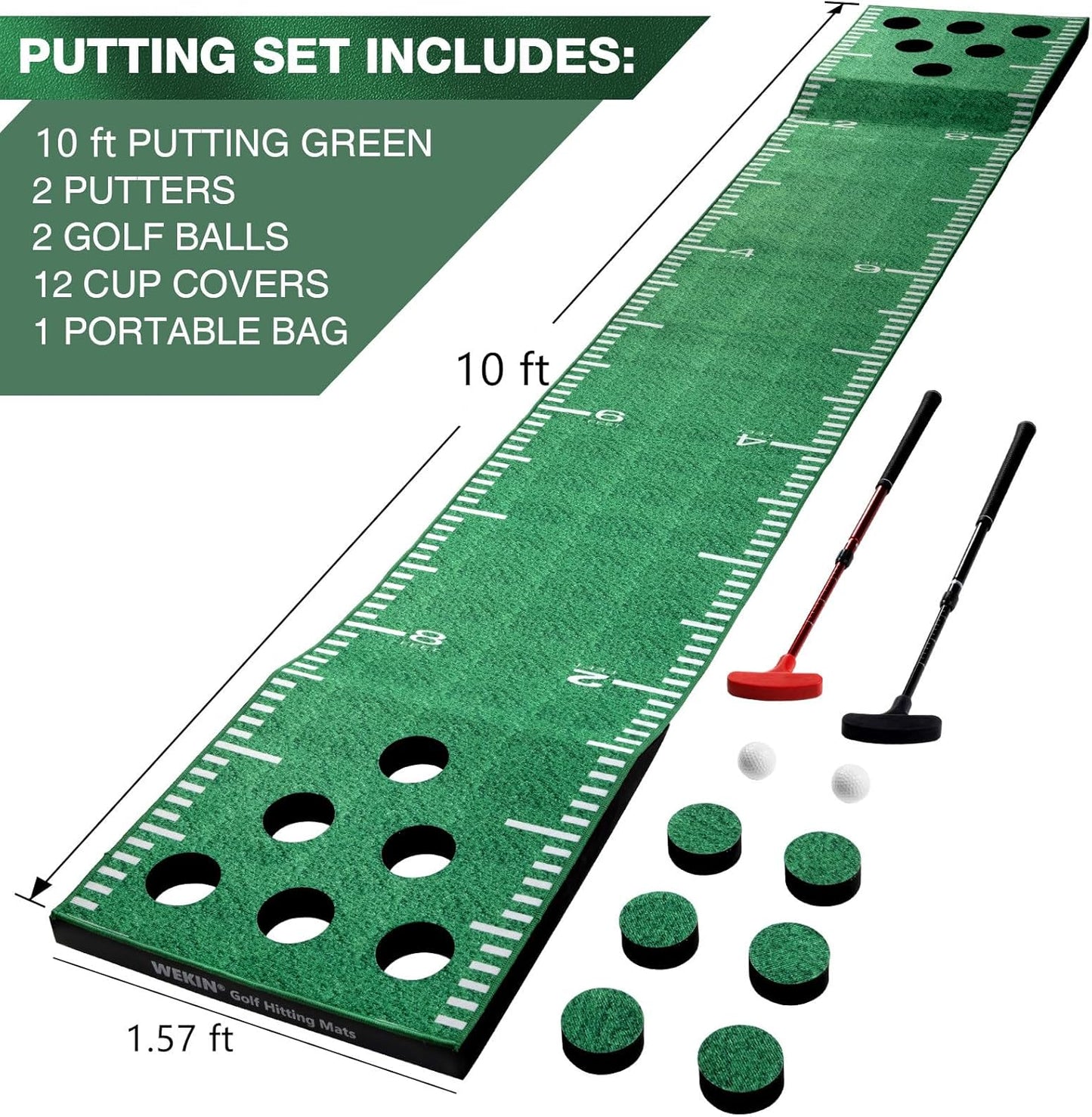 Indoor Putting Green Mat with 2 Putters, 2 Balls,12 Hole Covers